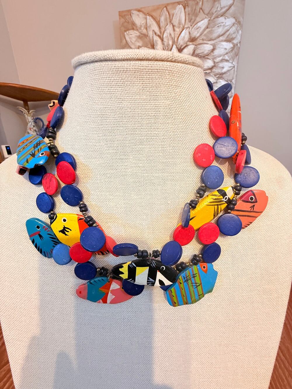 16” Colorful Hand Painted Wood Fish Bead Necklace